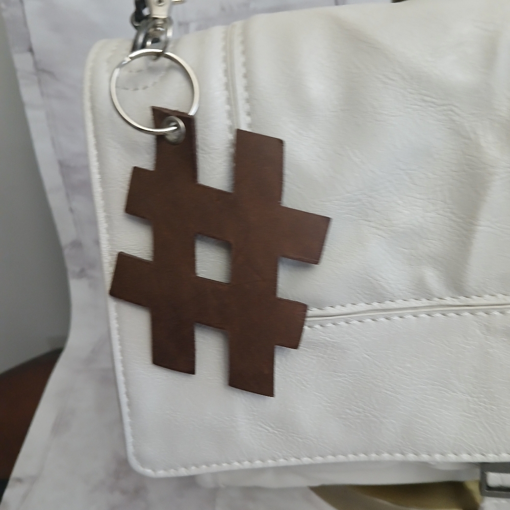 White Leather Bag with Brown Hashtag Charm